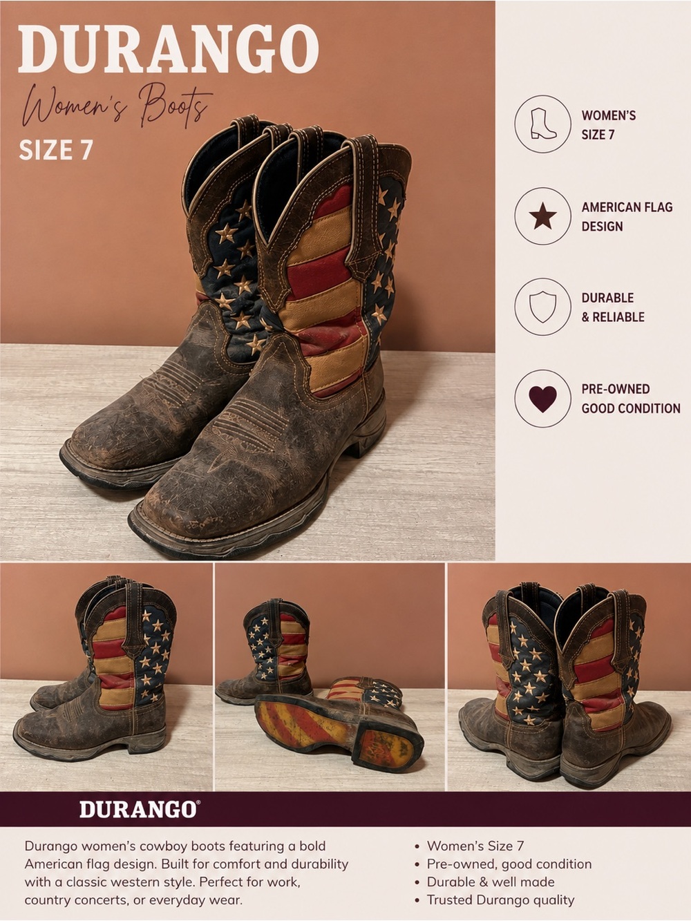 Durango Kids Cowboy Boots in Brown with Red and Blue American Flag Accent